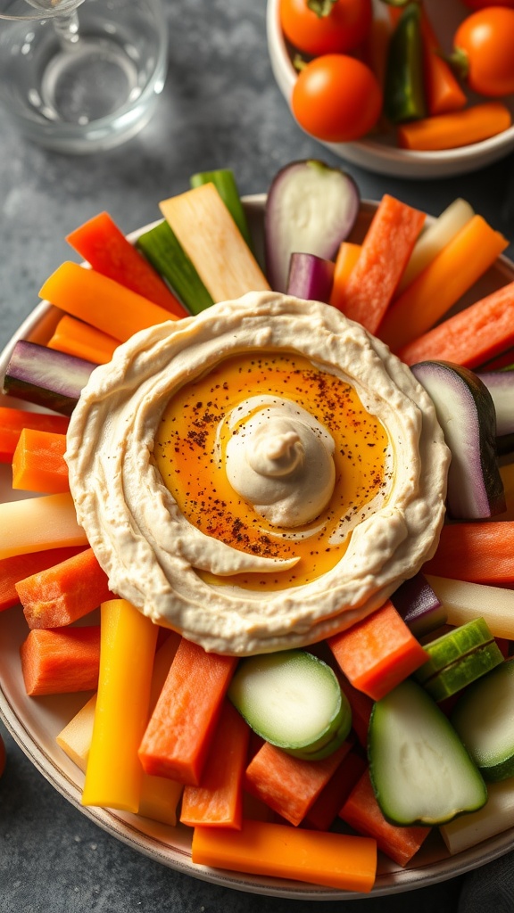 Vegetable sticks arranged around a bowl of hummus dip.