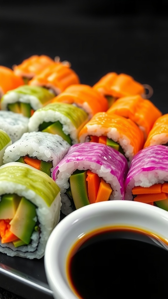 Colorful vegetable sushi rolls ready to be enjoyed