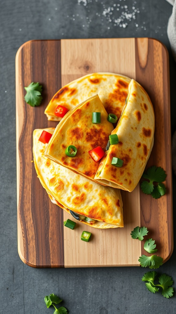 Vegetarian quesadillas stacked on a wooden cutting board, garnished with chopped vegetables.
