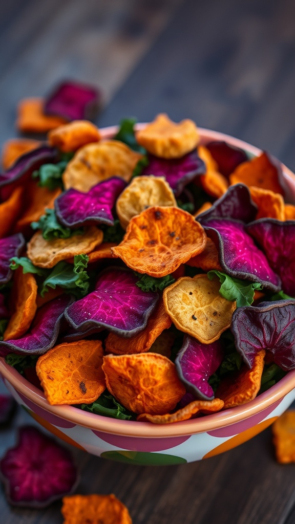 A colorful mix of homemade veggie chips in a bowl, including sweet potato, beet, and kale.