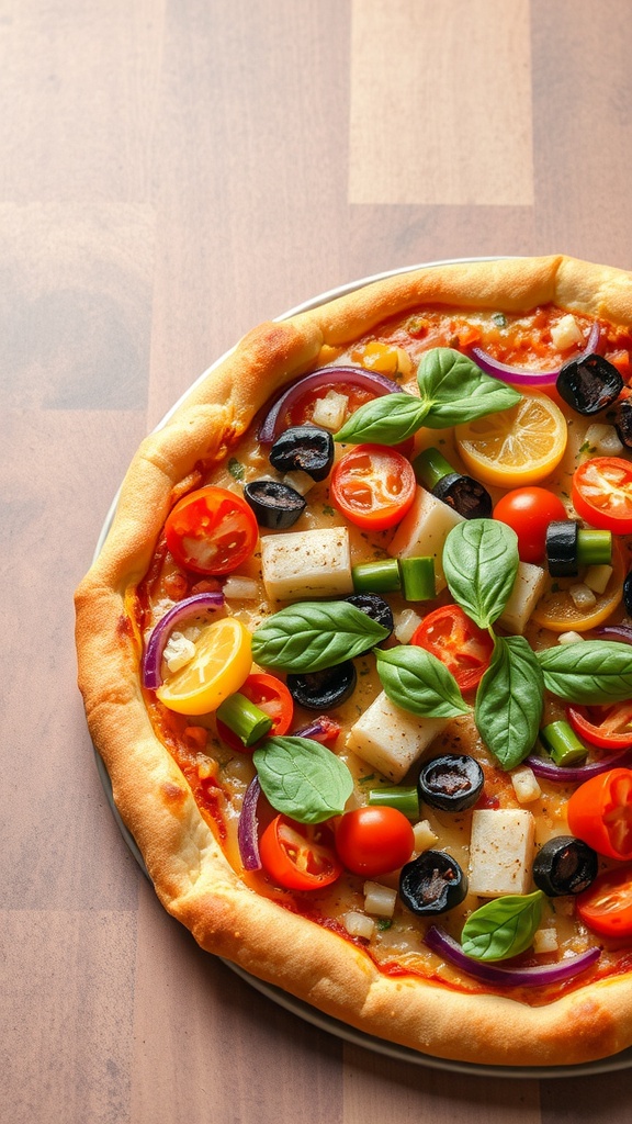 Veggie Supreme Pizza topped with fresh tomatoes, olives, bell peppers, and basil