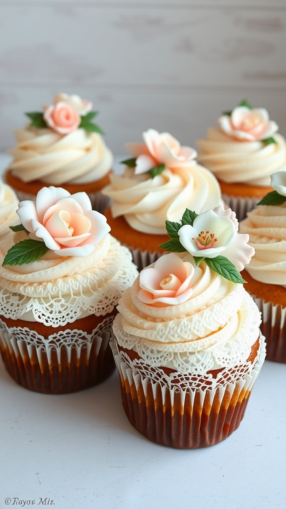 Vintage floral cupcakes with decorative frosting and flowers