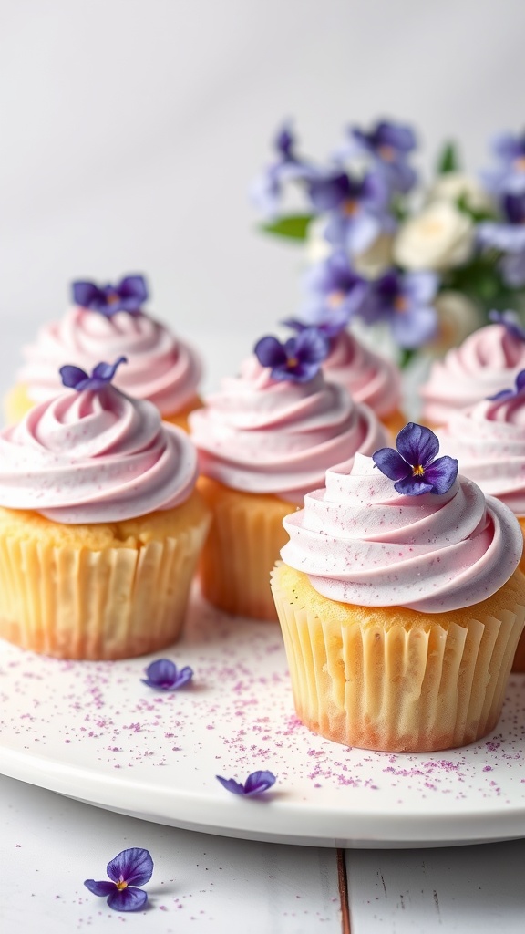 Beautifully decorated violet buttercream cupcakes with floral accents
