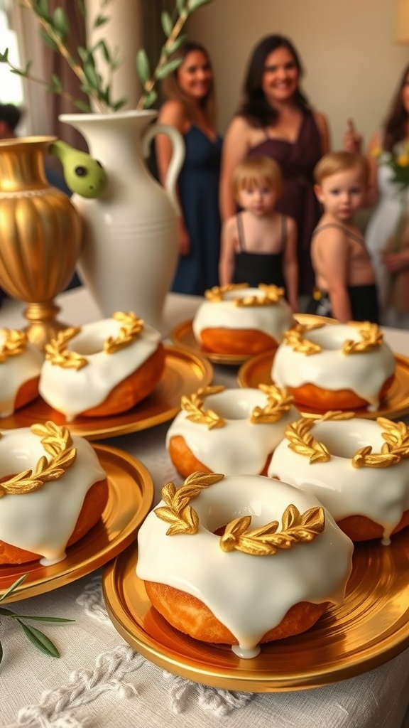 Delicious white chocolate laurel ring donuts, decorated elegantly for a toga party.