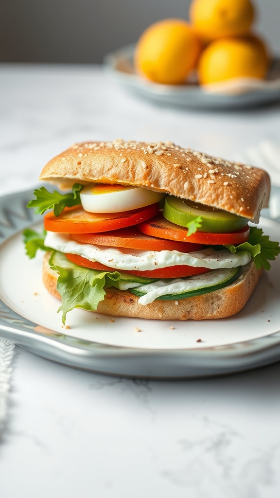 A fresh breakfast sandwich with lettuce, tomato, cucumber, and hard-boiled egg on a sesame bun, served on a plate with lemons in the background.