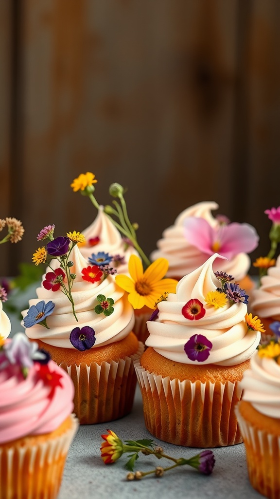 Wildflower cupcakes topped with buttercream frosting and assorted edible flowers.