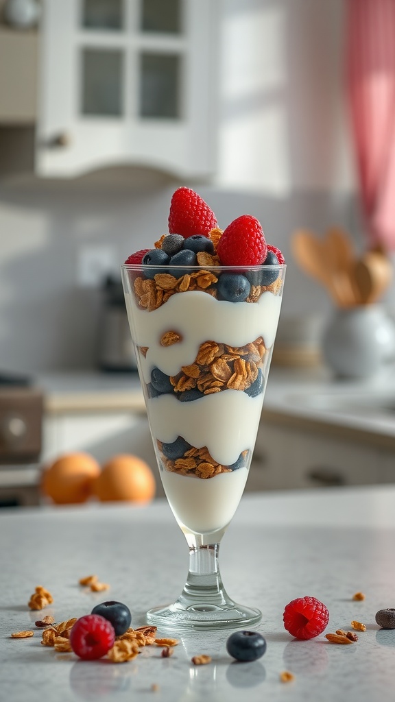 A delicious yogurt parfait layered with granola and fresh berries.