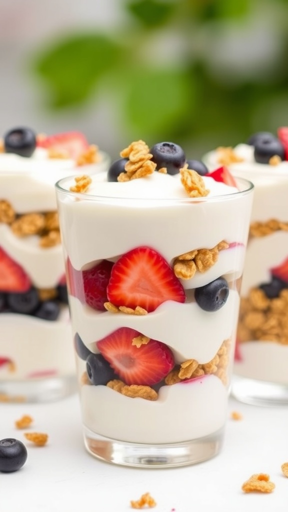 Yogurt parfaits with layers of yogurt, granola, and fresh berries.