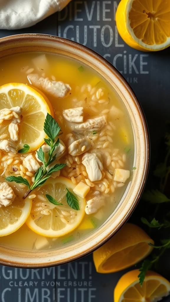 A bowl of lemon chicken orzo soup with slices of lemon and fresh herbs