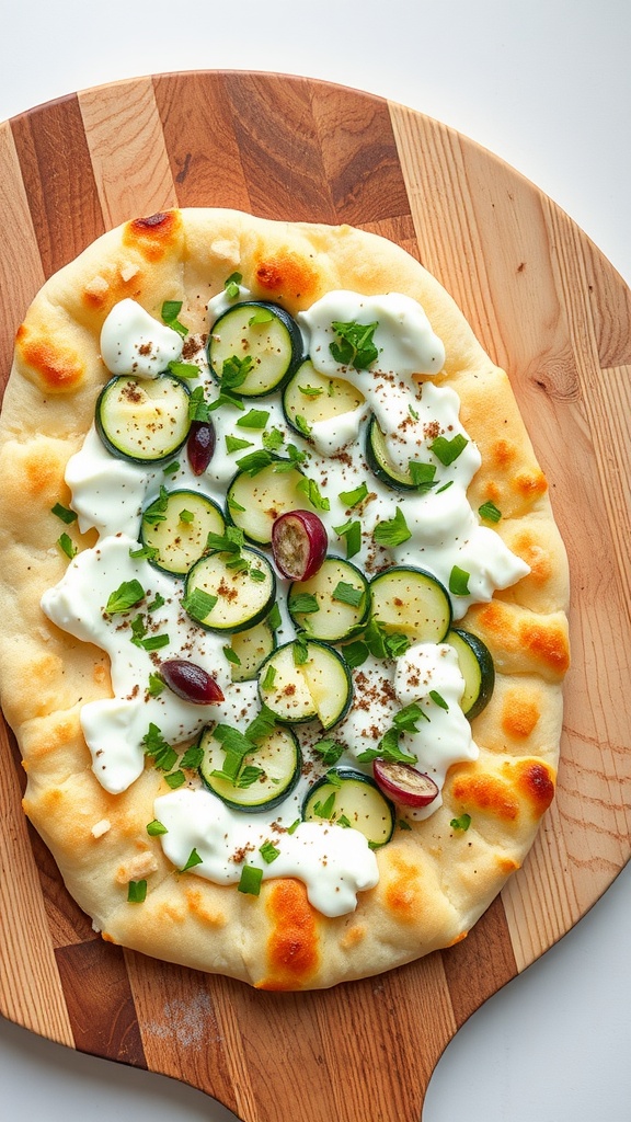 Zucchini and Ricotta Flatbread with fresh herbs and a crispy crust