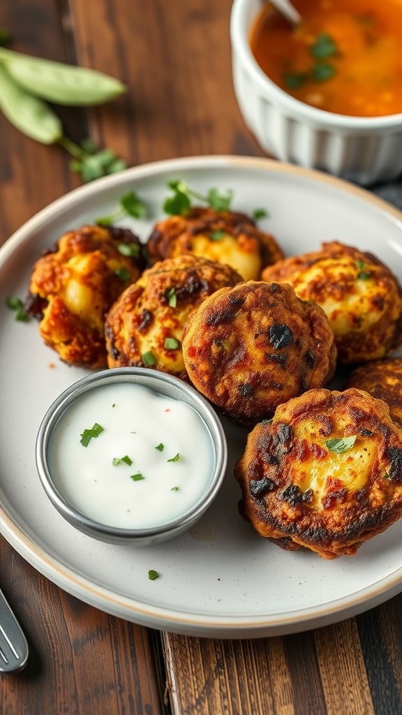 Golden-brown zucchini fritters served with tzatziki sauce