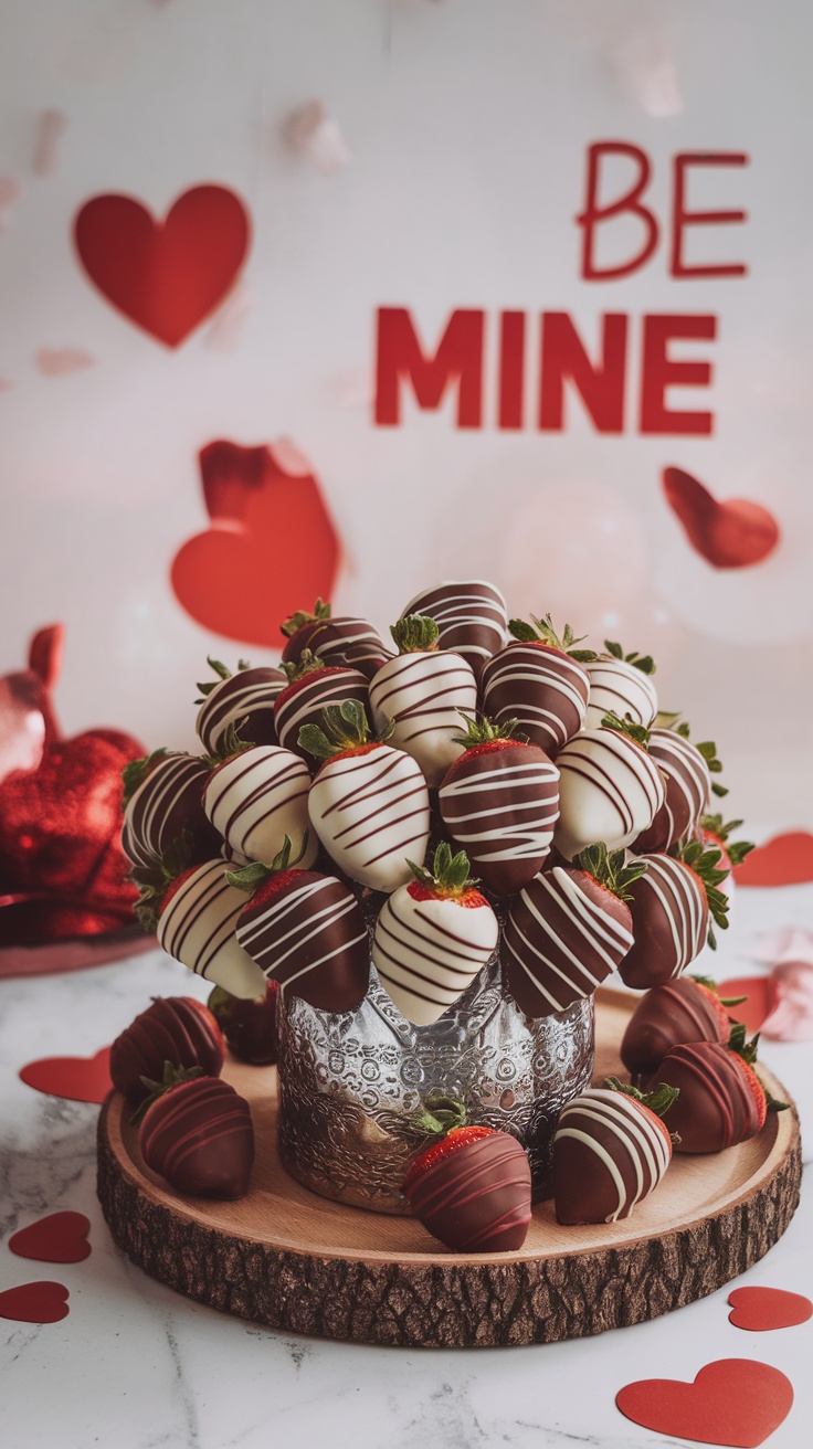 A bouquet of chocolate-covered strawberries in a decorative vase with hearts in the background.