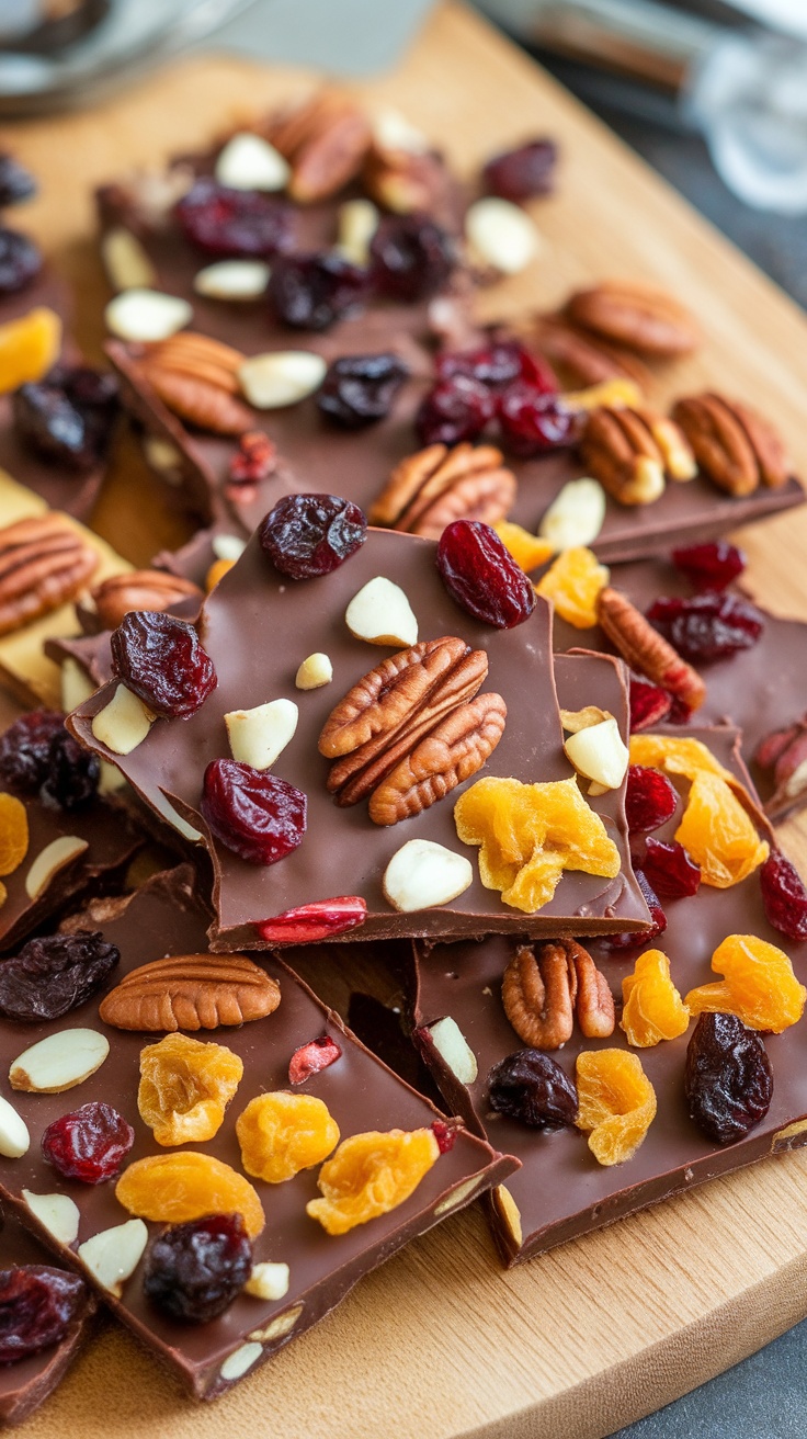 Chocolate bark with nuts and dried fruits on a wooden surface