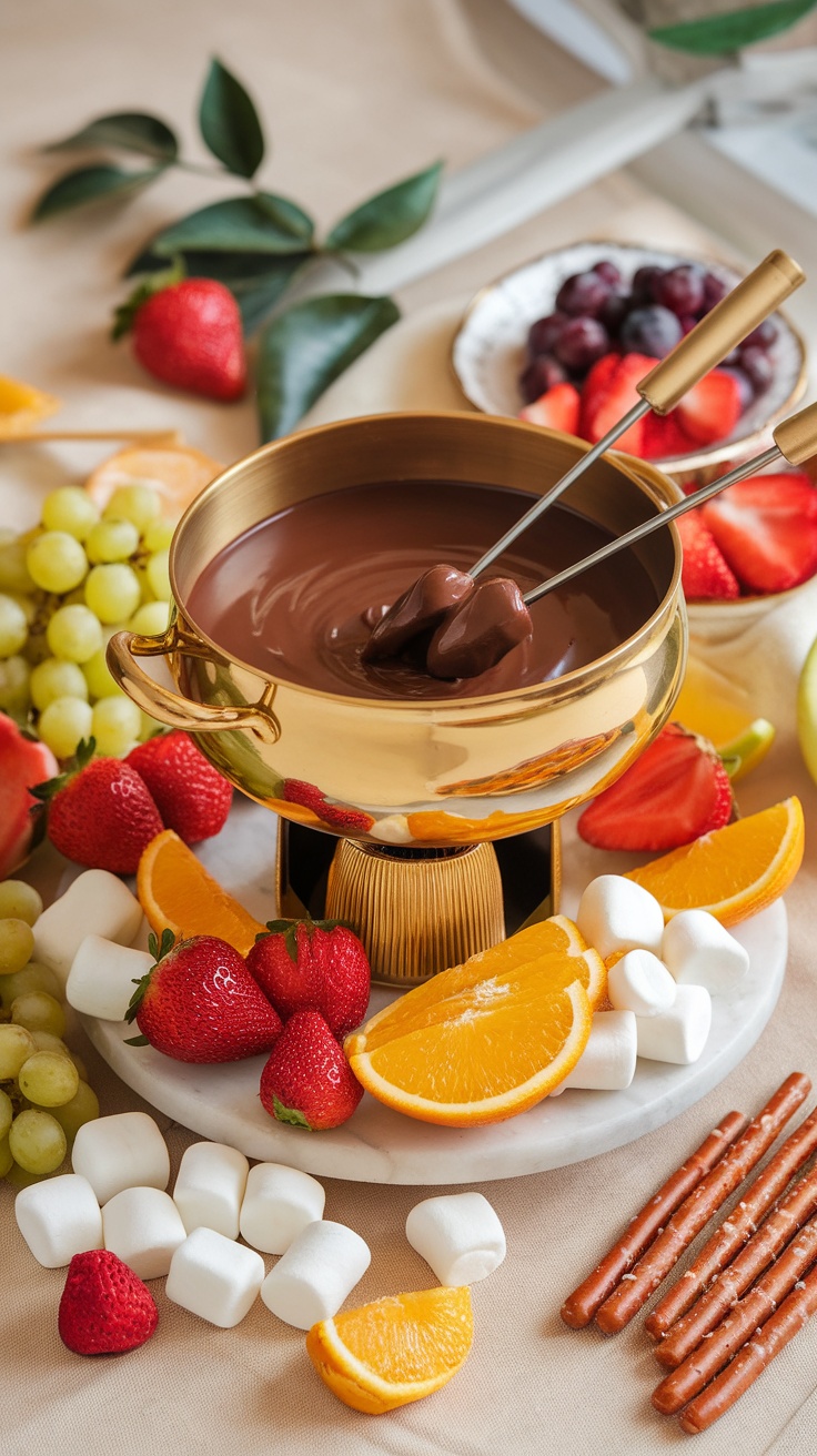 A golden fondue pot filled with melted chocolate surrounded by fresh fruits, marshmallows, and pretzels.