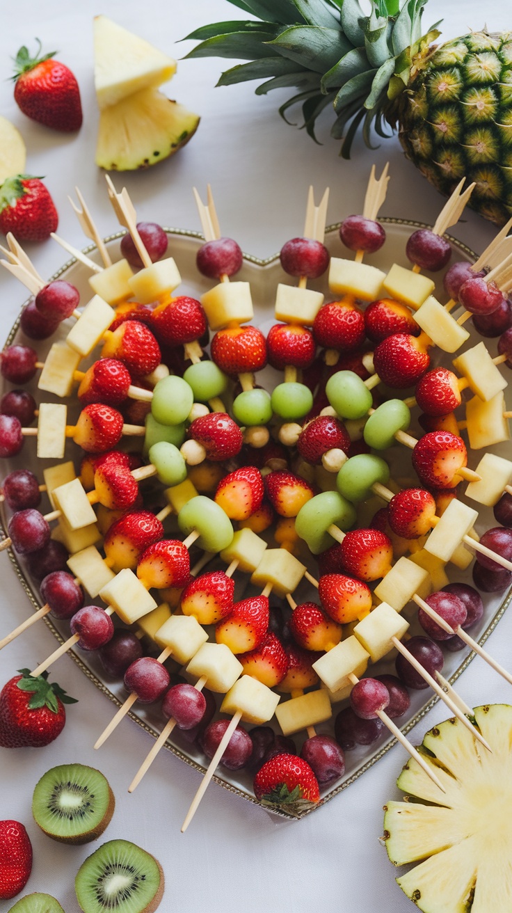 A heart-shaped platter filled with colorful fruit skewers including strawberries, pineapple, and grapes.