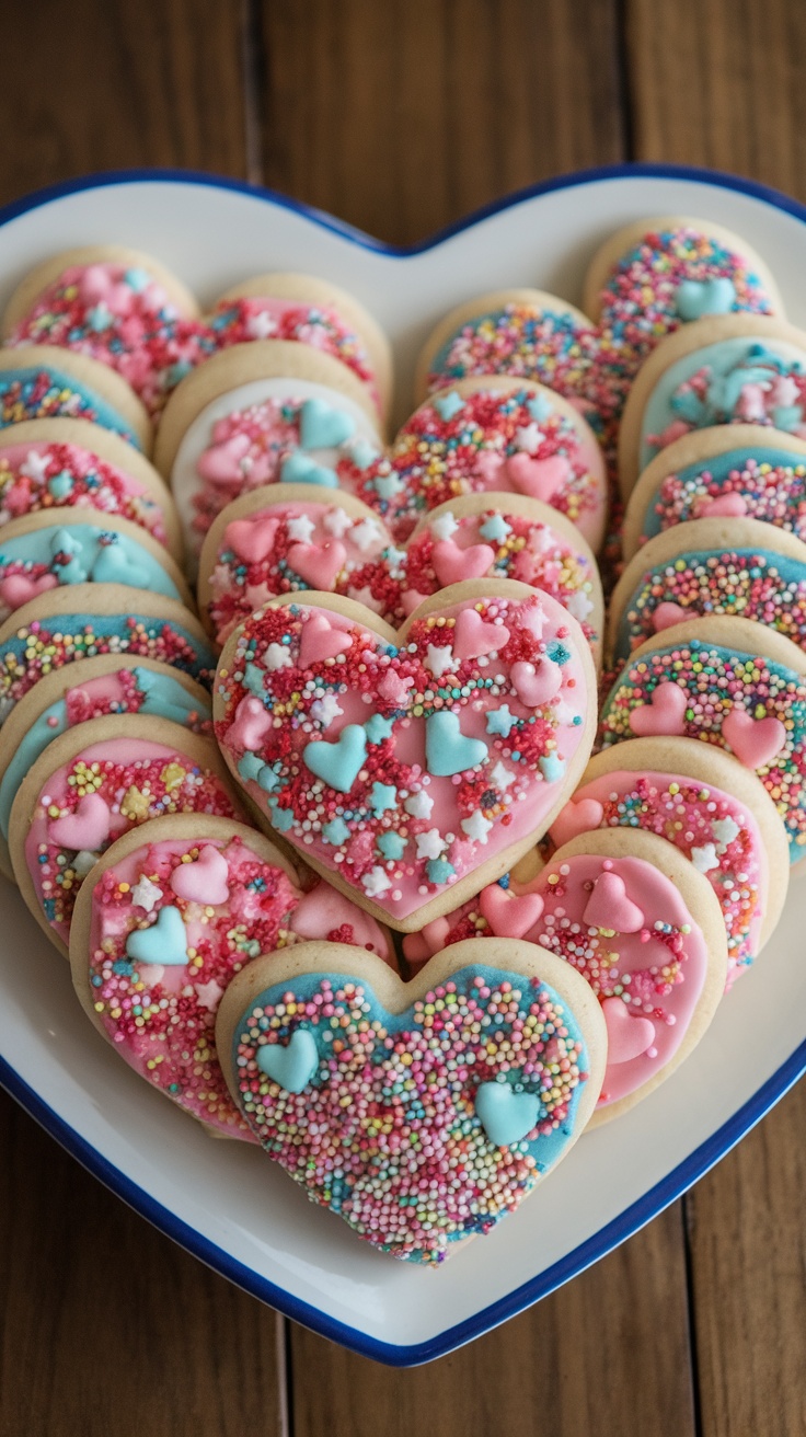 A heart-shaped sugar cookie platter with colorful icing and sprinkles.