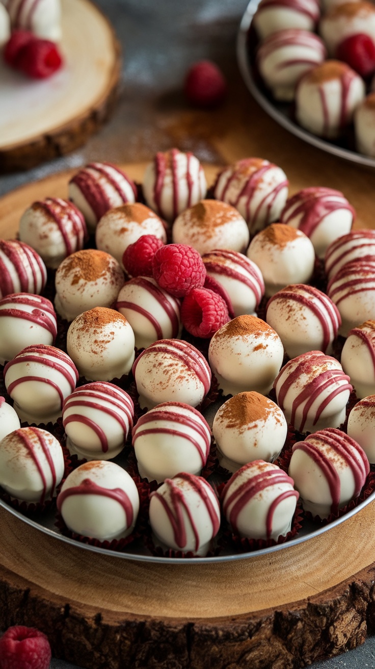 A platter of raspberry white chocolate truffles decorated with red stripes and sprinkled with cocoa powder, surrounded by fresh raspberries.