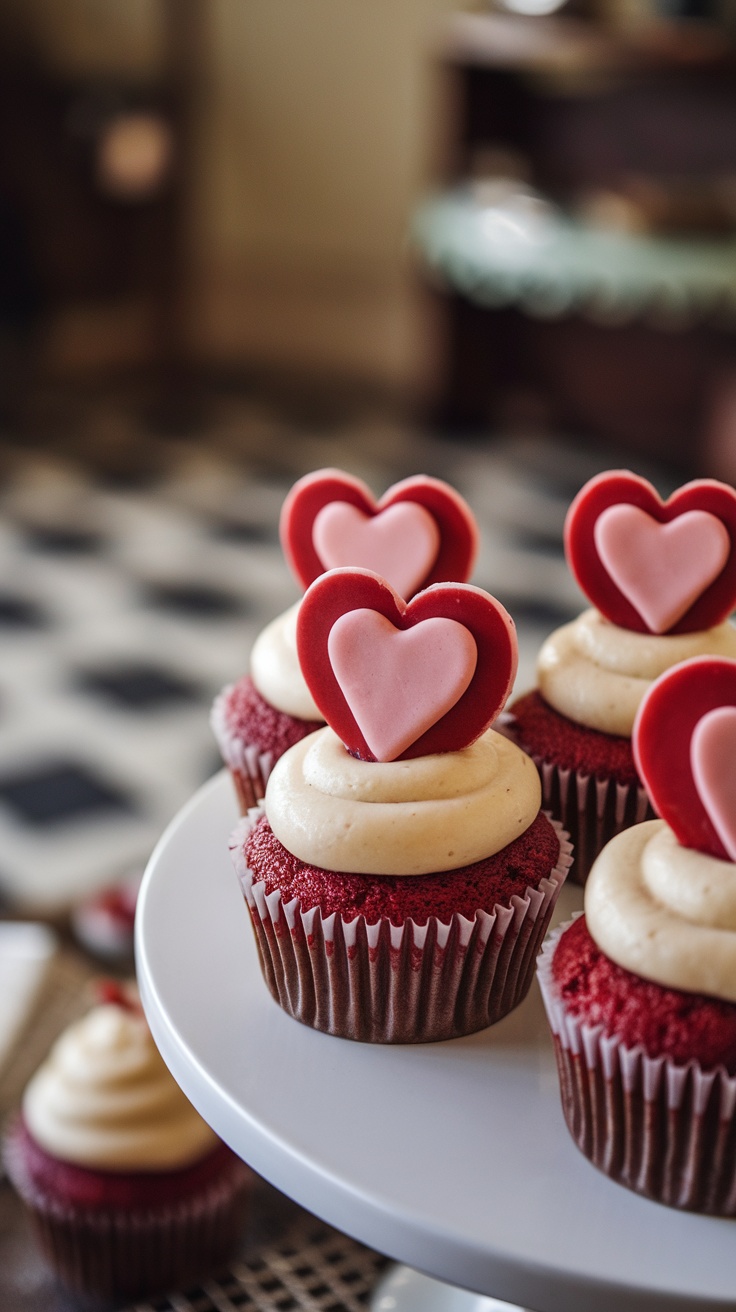 Red velvet cupcakes with cream cheese frosting, topped with heart-shaped decorations.