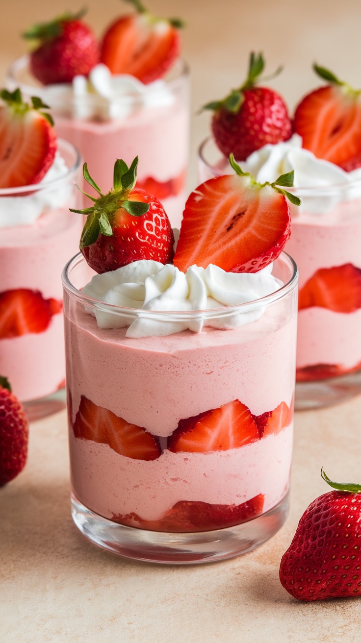 Strawberry mousse parfaits with fresh strawberries and whipped cream