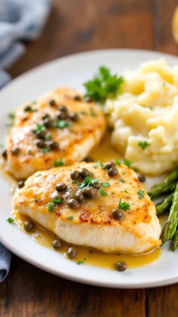 A delicious serving of Chicken Piccata with a lemon-caper sauce, garnished with parsley, alongside mashed potatoes and asparagus.