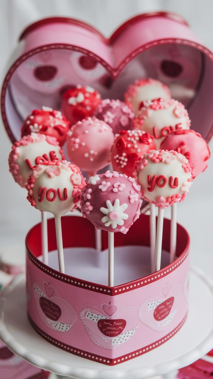 Valentine's Day themed cake pops in a heart-shaped box