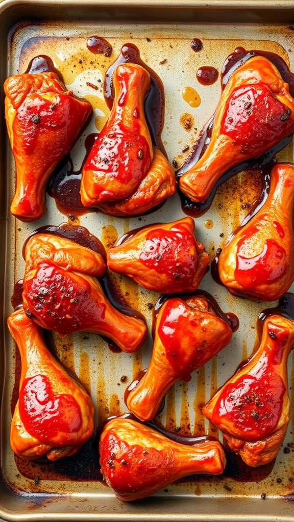 Baked BBQ chicken drumsticks glazed with barbecue sauce