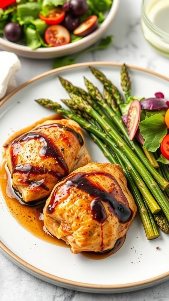 Balsamic Glazed Chicken Thighs served with asparagus and salad
