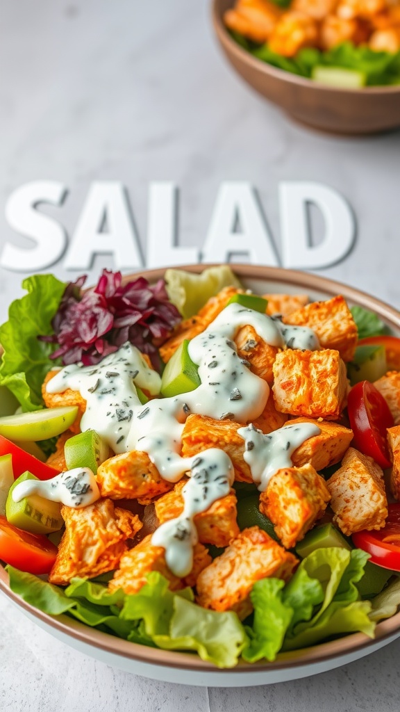 A vibrant Buffalo Chicken Salad with greens, vegetables, and dressing.