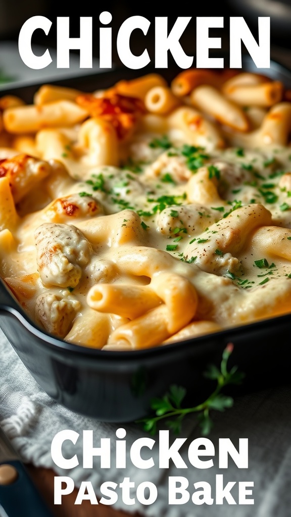 A creamy and cheesy chicken alfredo pasta bake served in a black baking dish.