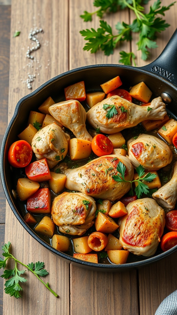 A skillet filled with chicken drumsticks, diced potatoes, bell peppers, and cherry tomatoes, garnished with parsley.