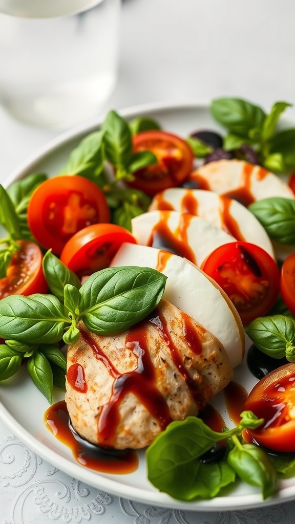 A colorful chicken caprese salad with sliced chicken, mozzarella, tomatoes, and fresh basil.