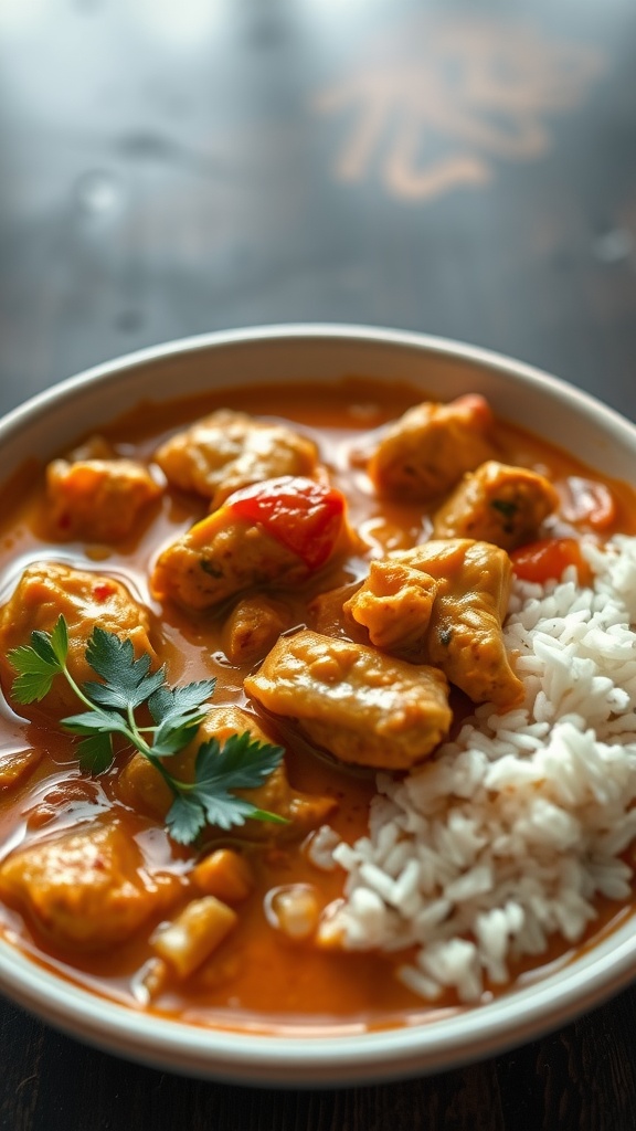A bowl of chicken curry with coconut milk served with rice.