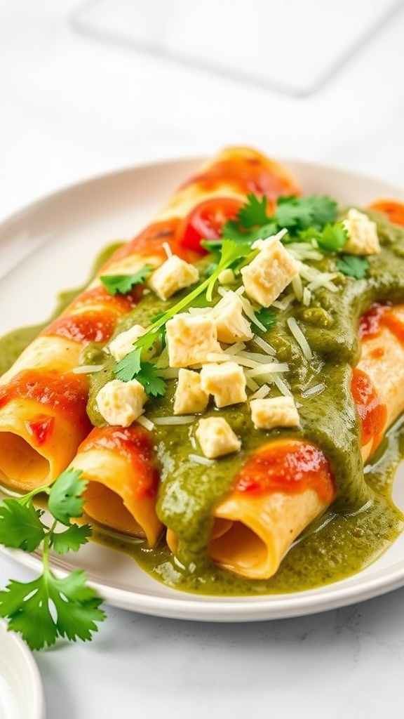 Plate of chicken enchiladas topped with green sauce and garnished with cilantro