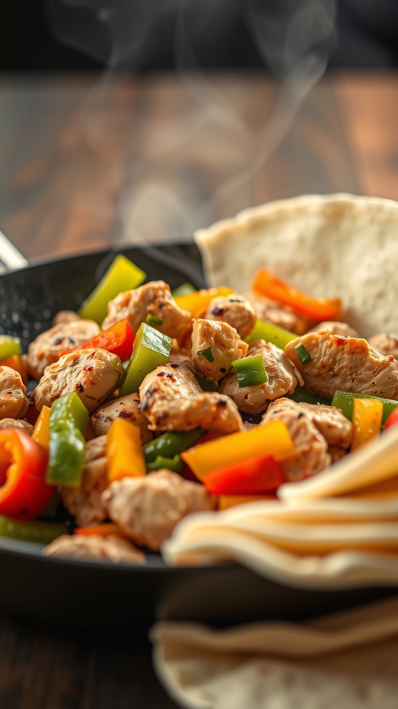 A delicious plate of chicken fajitas with colorful peppers and warm tortillas.