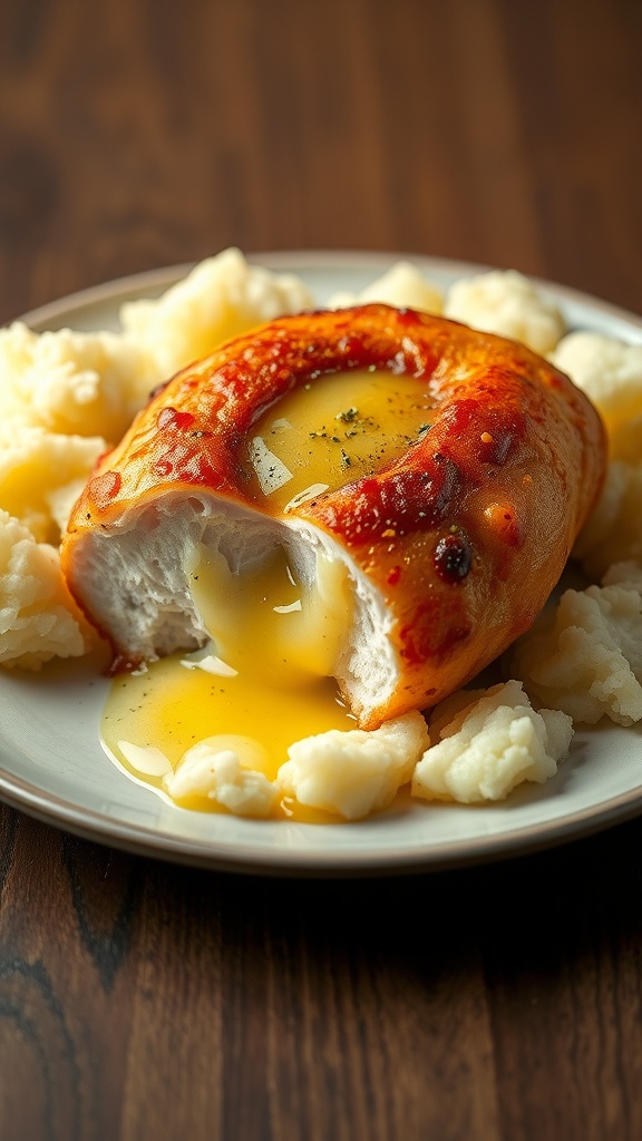A deliciously golden Chicken Kiev with garlic butter served on a plate.