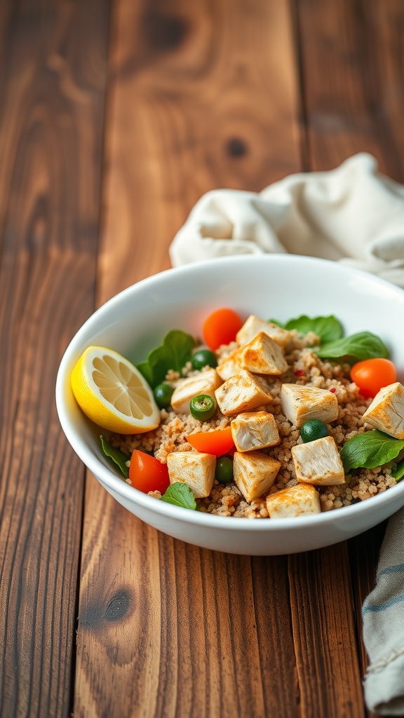 A colorful Chicken Quinoa Bowl with chicken, quinoa, fresh vegetables, and a lemon wedge.
