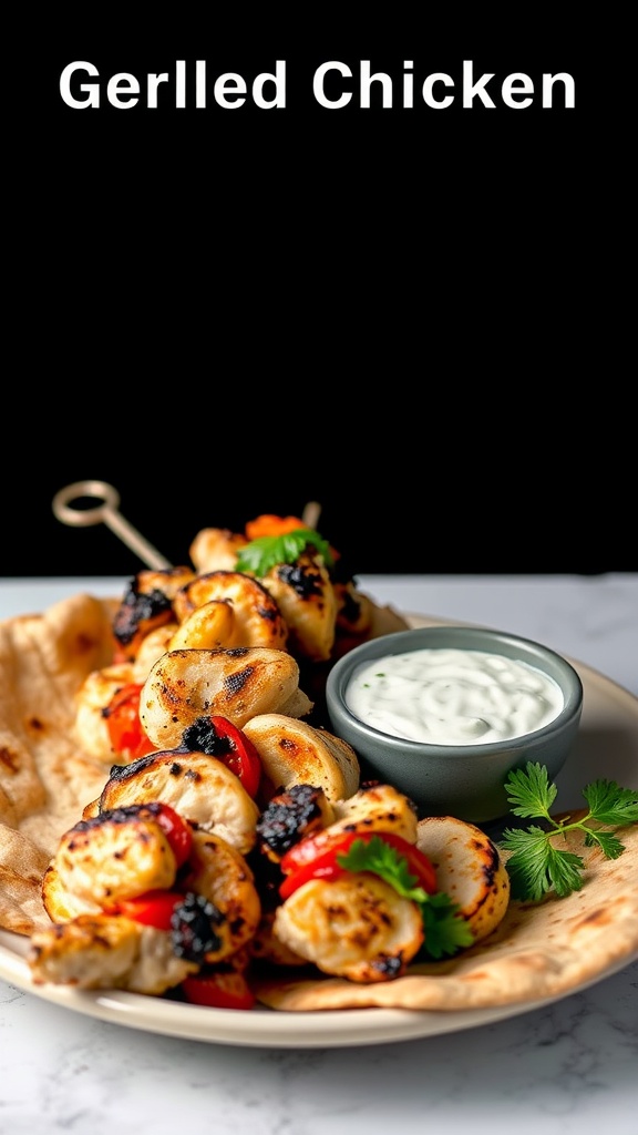 Grilled chicken skewers with tomatoes and tzatziki sauce on a plate.