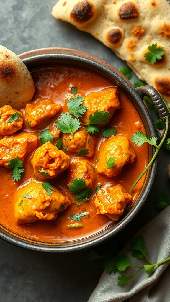 Bowl of Chicken Tikka Masala garnished with cilantro and served with naan.