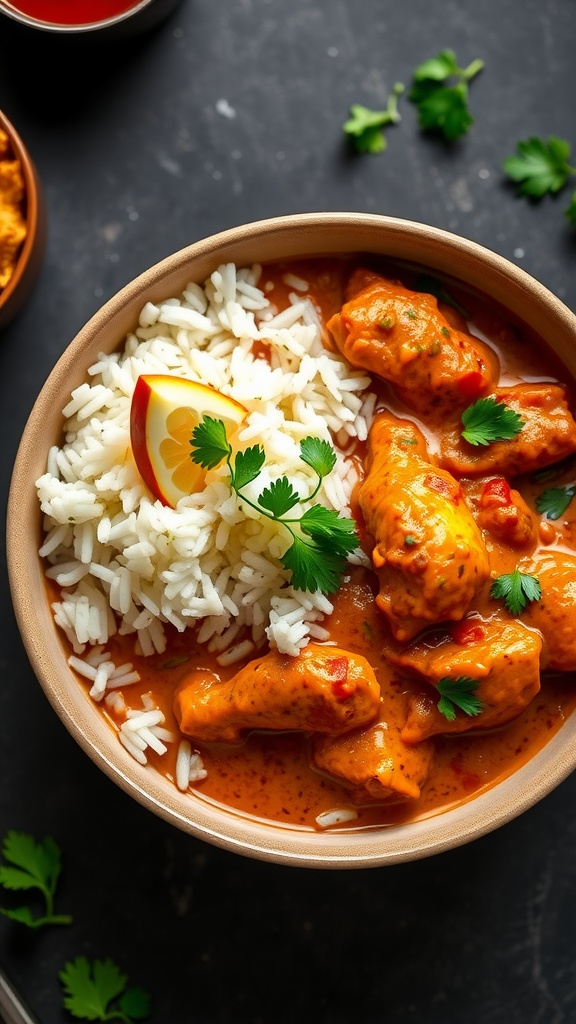 Bowl of Chicken Tikka Masala with Basmati Rice garnished with cilantro