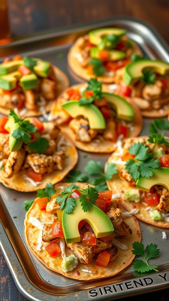 A tray of chicken tostadas topped with avocado, tomatoes, and cilantro.
