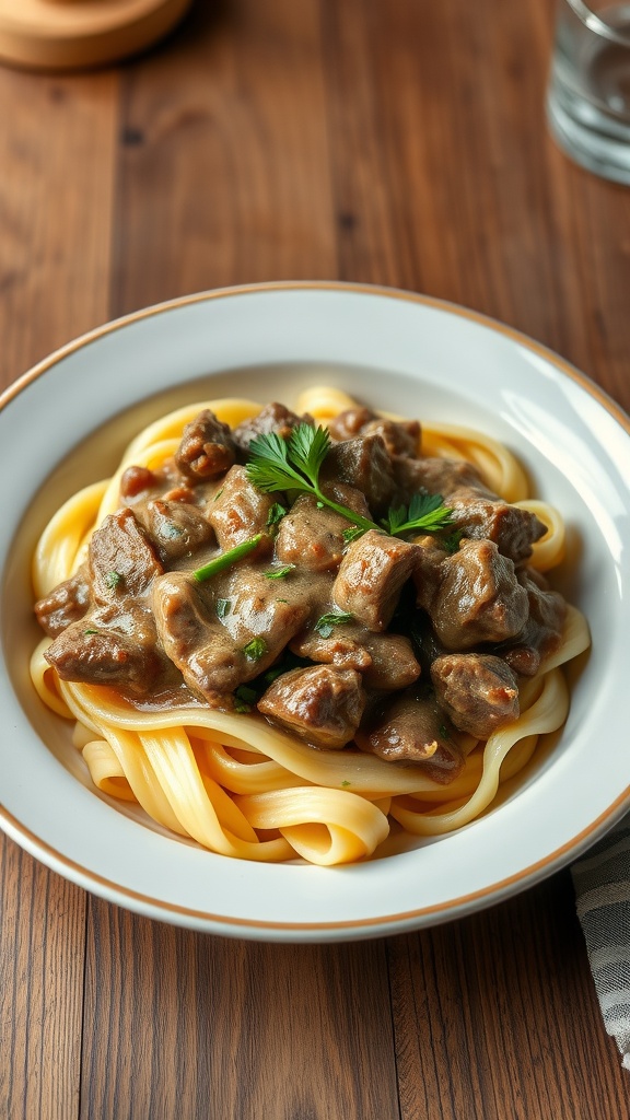 A plate of classic beef stroganoff served over egg noodles, garnished with parsley.