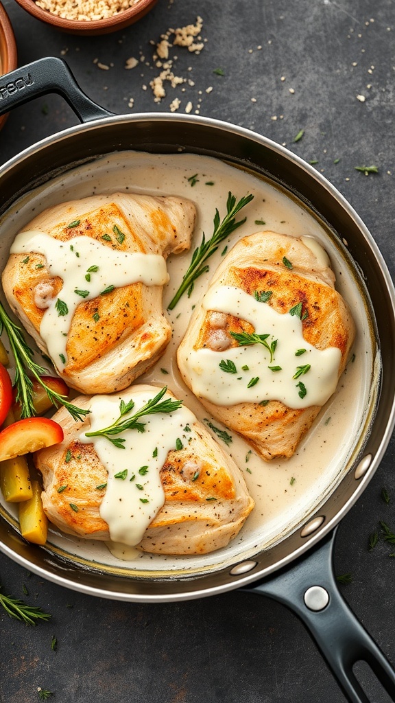 Creamy Garlic Parmesan Chicken served in a skillet with herbs and sliced vegetables.
