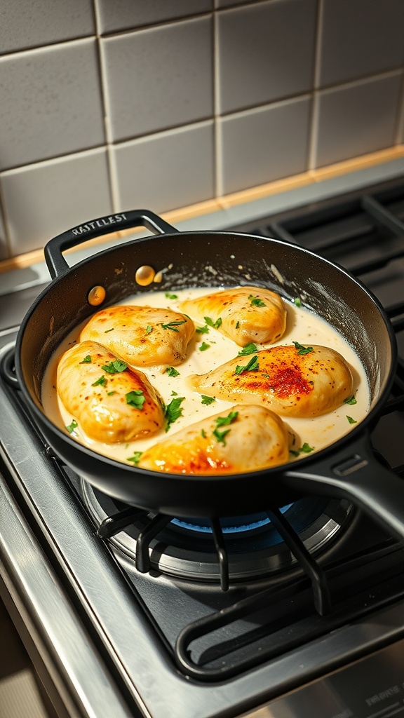 Creamy garlic parmesan chicken skillet with parsley garnish