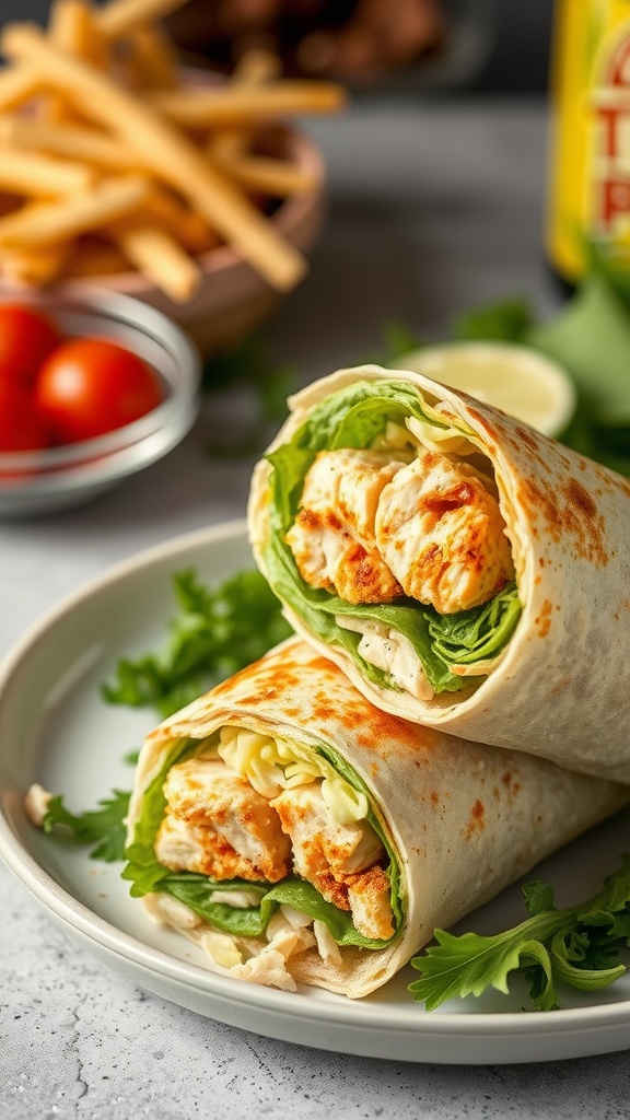A delicious crispy chicken Caesar wrap sliced in half, showcasing the filling of chicken, lettuce, and dressing.