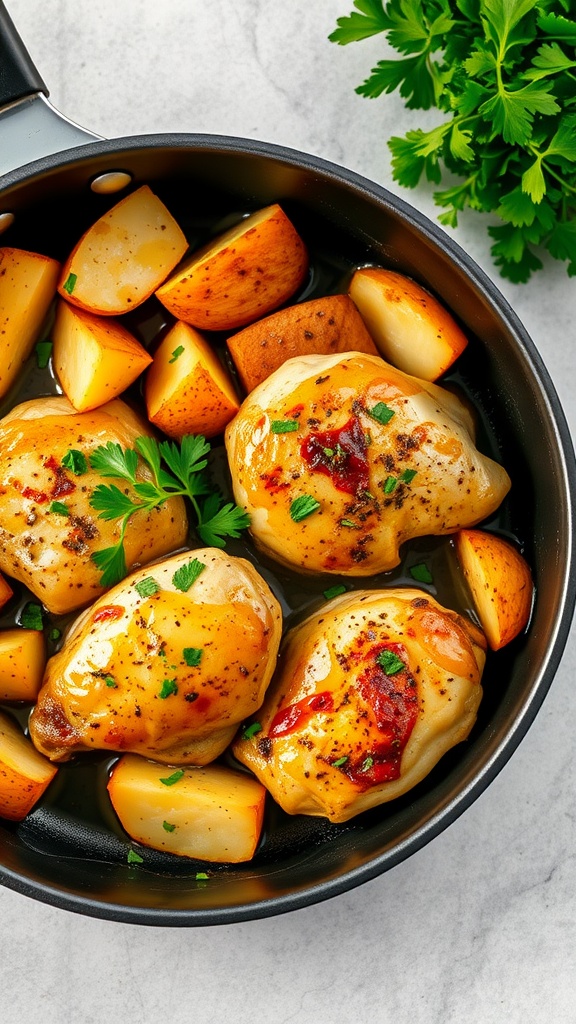 A delicious serving of garlic butter chicken with quartered potatoes.
