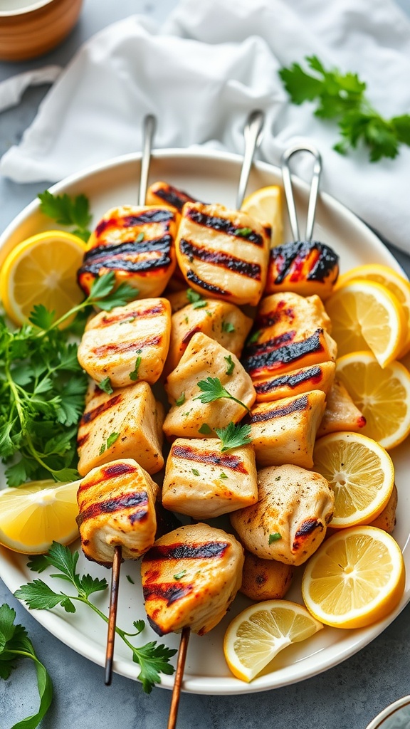 Garlic lemon chicken skewers served with lemon slices and fresh herbs.