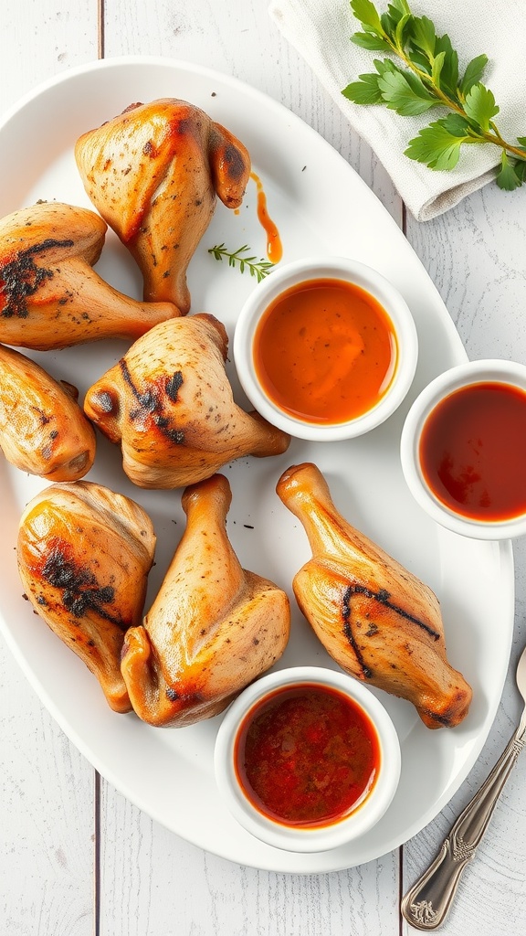 A platter of herb roasted chicken drumsticks served with dipping sauces