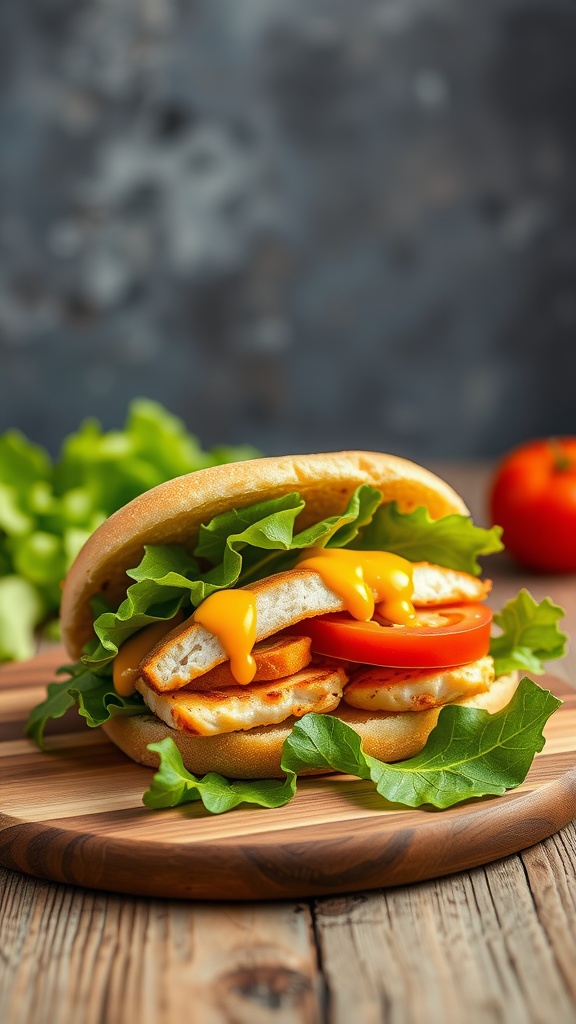 A delicious honey mustard chicken sandwich with lettuce, tomato, and cheese.