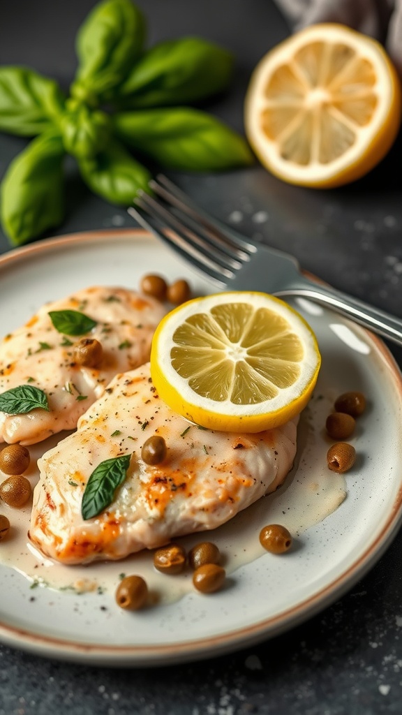 Lemon Basil Chicken Piccata on a plate with lemon slices