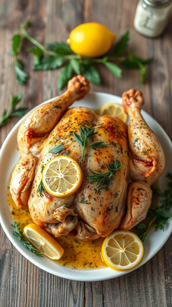 A beautifully roasted chicken garnished with lemon slices and fresh herbs.